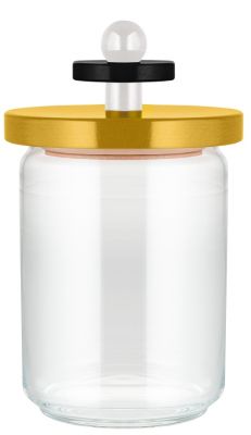 Küchendose ES16/100 von Alessi: Glasbehälter mit goldenem Deckel und dekorativem Knauf. Vorratsdose für die Küche.